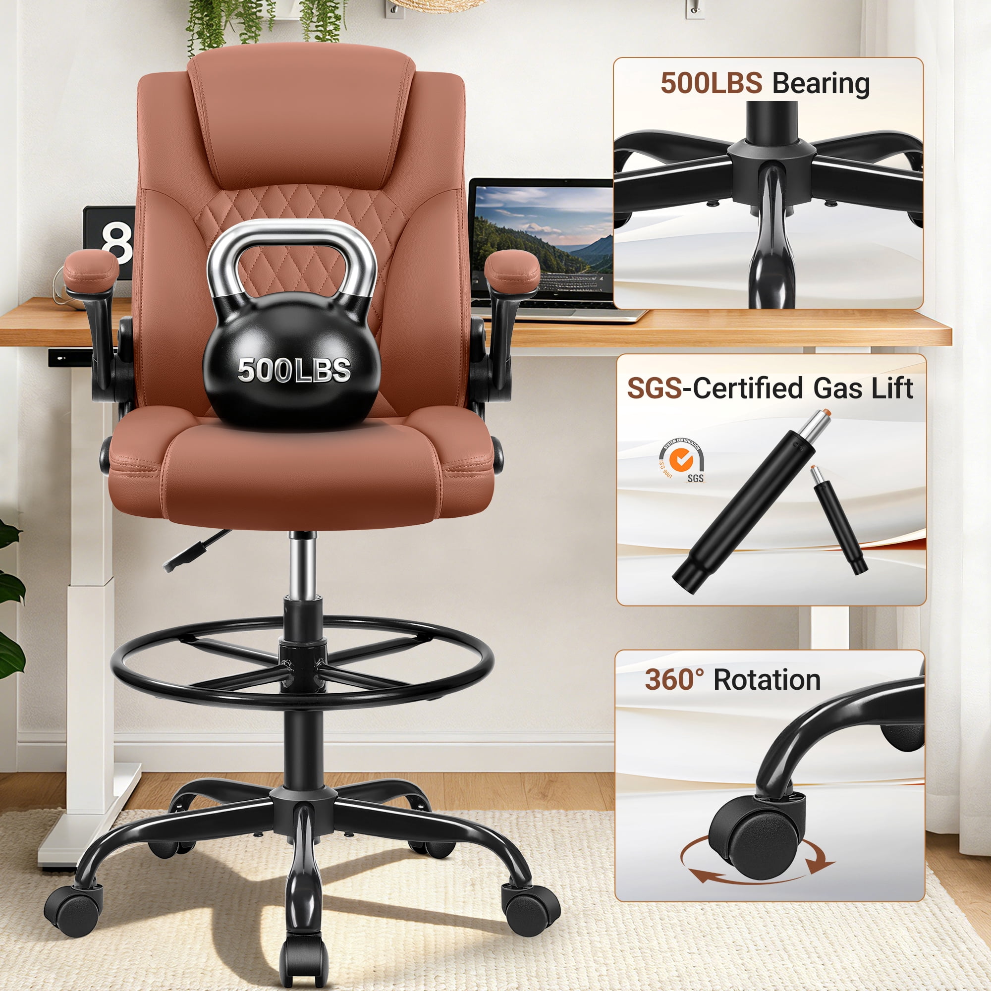 COOLHUT High Back Office Chair with Flip-Up Armrests, PU Leather Executive Ergonomic Computer Chair, Features Lumbar Support, Adjustable Foot Ring for Standing Desks, Home Offices, Brown