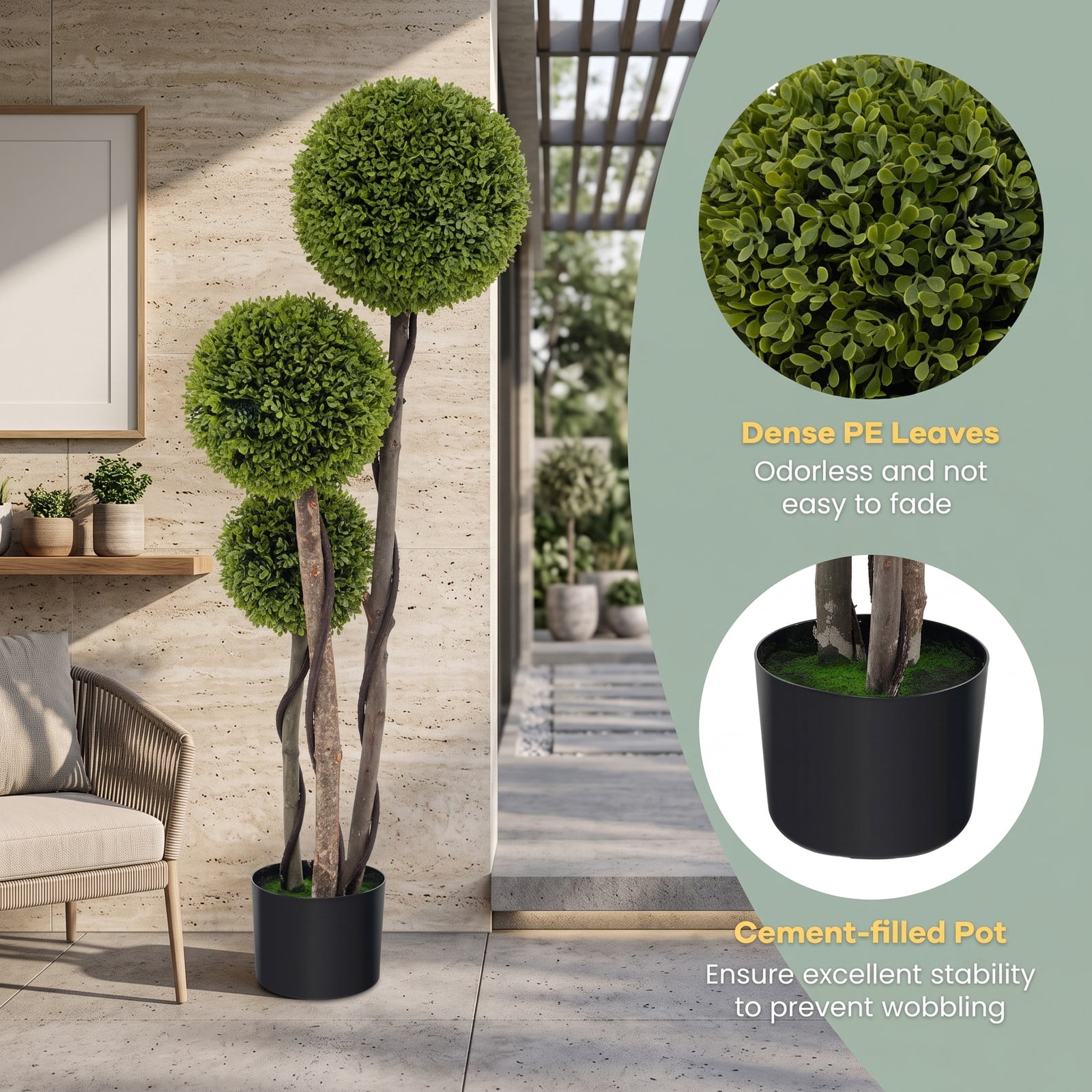 ALPULON 4 FT Artificial Boxwood Topiary Ball Tree, Faux Triple Ball Plant with Weighted Cement Pot for Indoor Outdoor Front Porch Home Shop Decor, Green