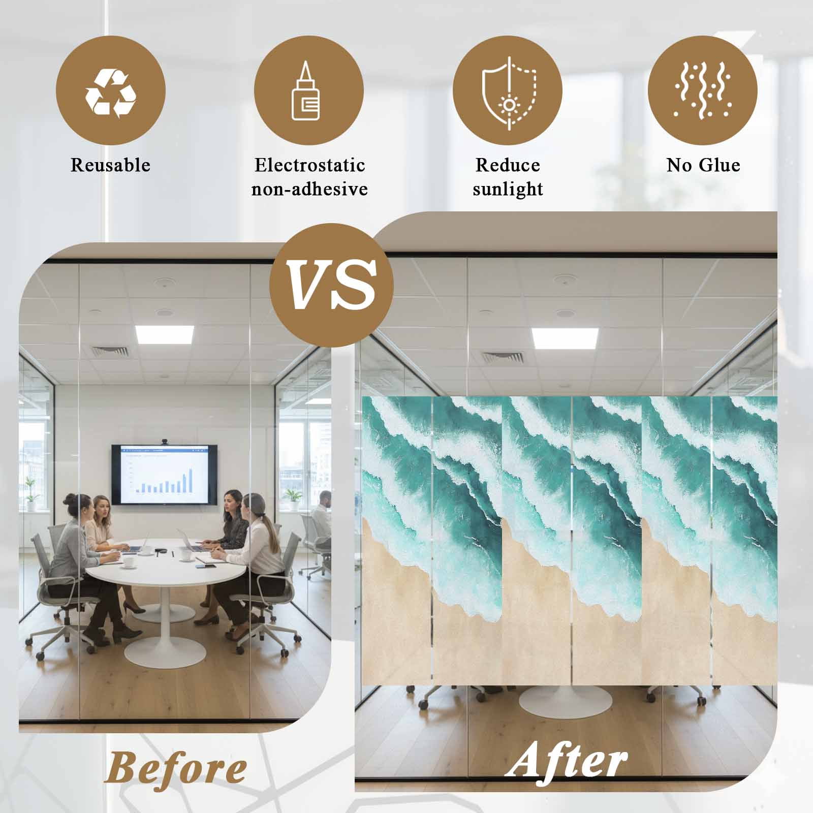 Abstract Watercolor Window Privacy Film, Gradient Green Waves Beach Seaside Frosted Glass Window Clings Static Cling UV Heat Blocking Reusable Door Sticker for Bathroom 23.6 x 59 Inch