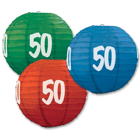 Beistle Pack of 6 Red, Blue, and Green Birthday "50"  Festive Hanging Paper Lanterns 9.5"
