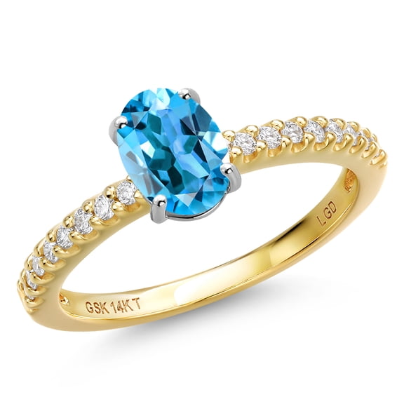 Gem Stone King 14K Two Tone Gold Swiss Blue Topaz and Lab Grown Diamond Engagement Ring for Women | 1.16 Cttw | Oval 7X5MM | Gemstone November Birthstone | Size 6
