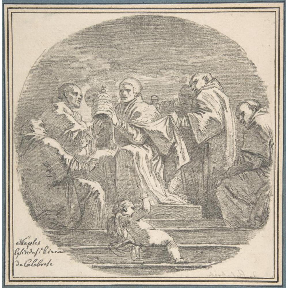 Jean-Honoré Fragonard 12x12 Black Modern Framed Museum Art Print Titled - Saint Celestine V Renouncing the Papacy, After Mattia Preti (1761)