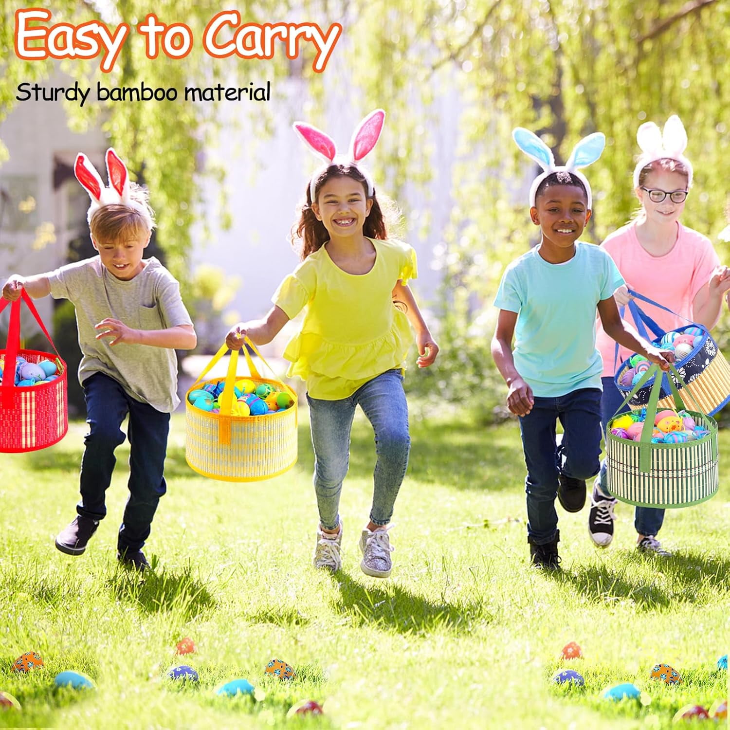 Foldable Easter Woven Bamboo Baskets Empty, 4 Pcs Easter Basket Bulk Set with Handle, Large Easter Baskets for Easter Egg Hunt Party Favor Picnic Supplies Gift Packing - Red Yellow Green Blue