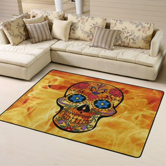 DouZhe Skull and Crossbones Fire Pattern Area Rugs Non-Slip Machine Washable Floor Mat, Flames Scary Skull Bone Style Carpet Doormat, 63x48 inches