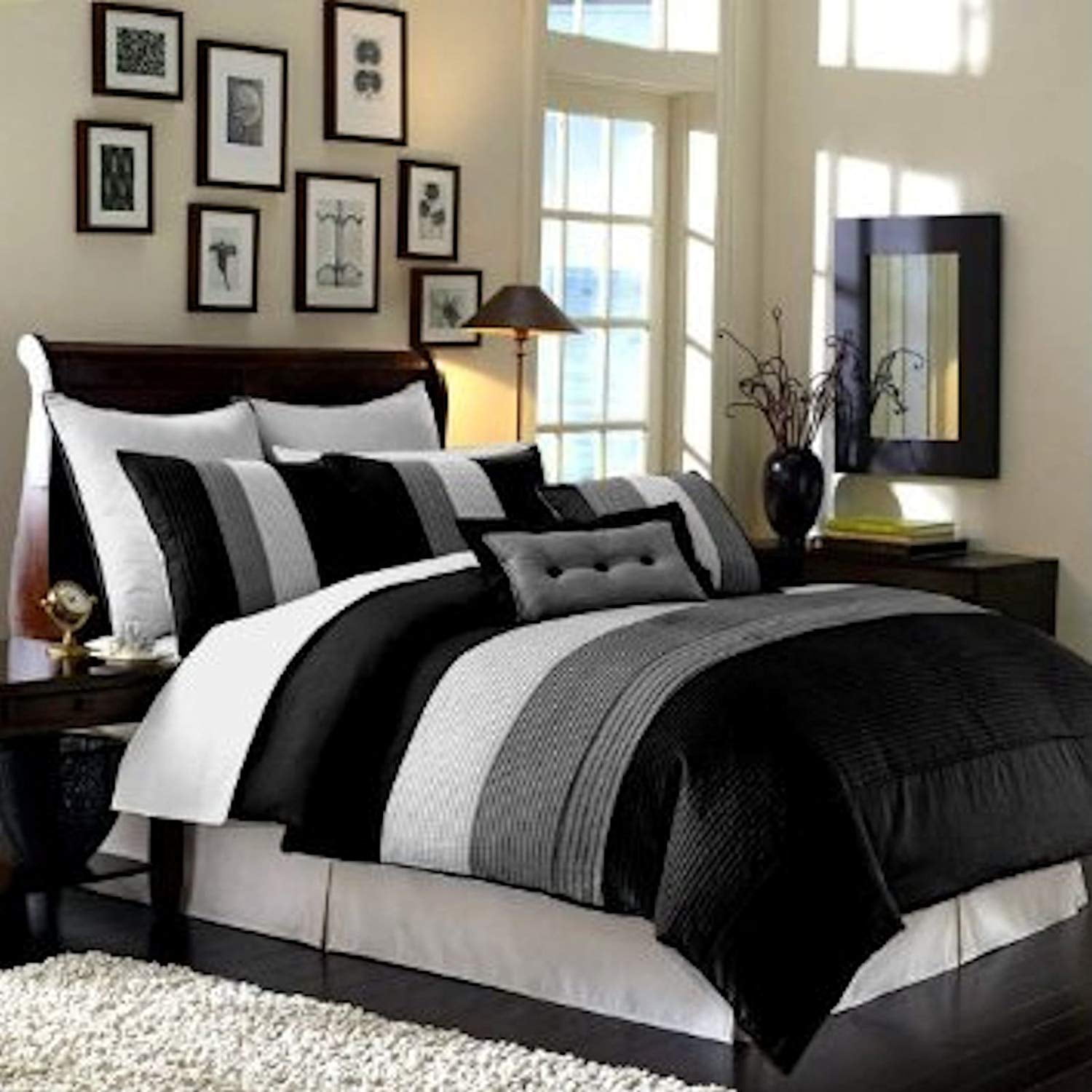 Luxury 8-Piece Stripe Comforter Bed-in-a-Bag Set  Black/White/Gray New. 