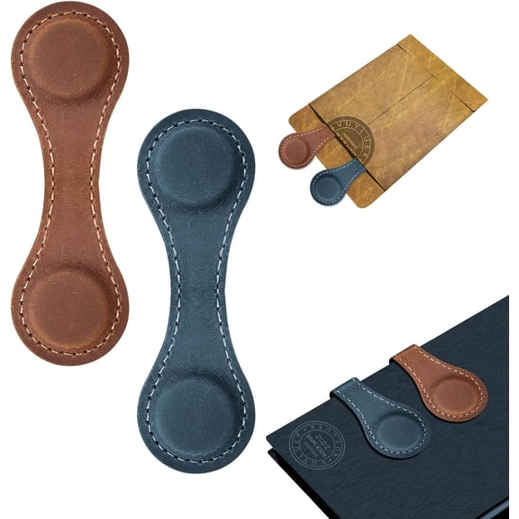 2PCS Magnetic Leather Bookmarks, Best Vintage Book Page Markers Clips Gift for Reading Men Women Teachers Book Lovers, Handmade Real Leather Magnetic Book Marks Set of 2 (Earth Brown Prussian Blue)