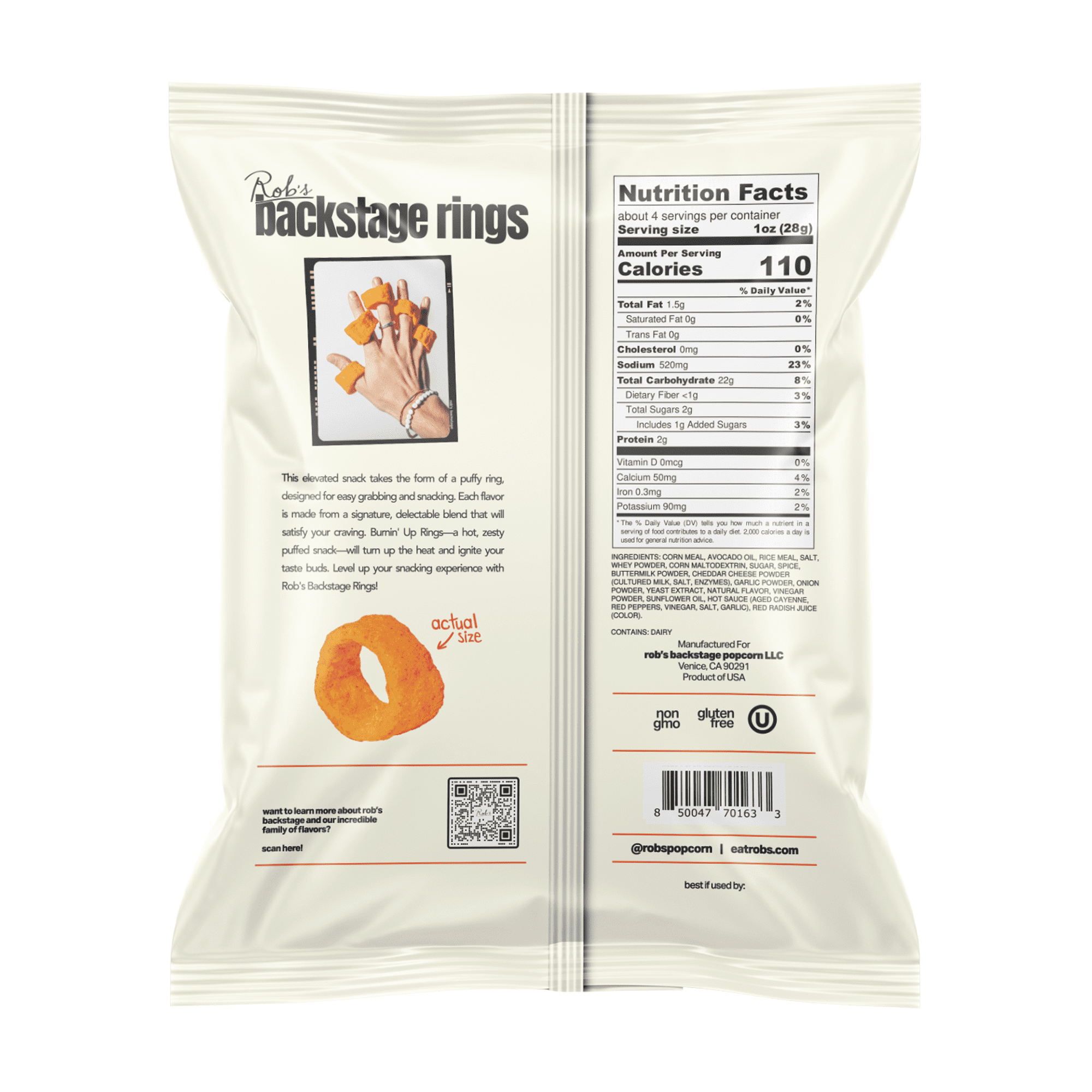 Rob's Backstage Rings, Gluten-Free, Burnin' Up Spicy Puffed Snack, 4oz