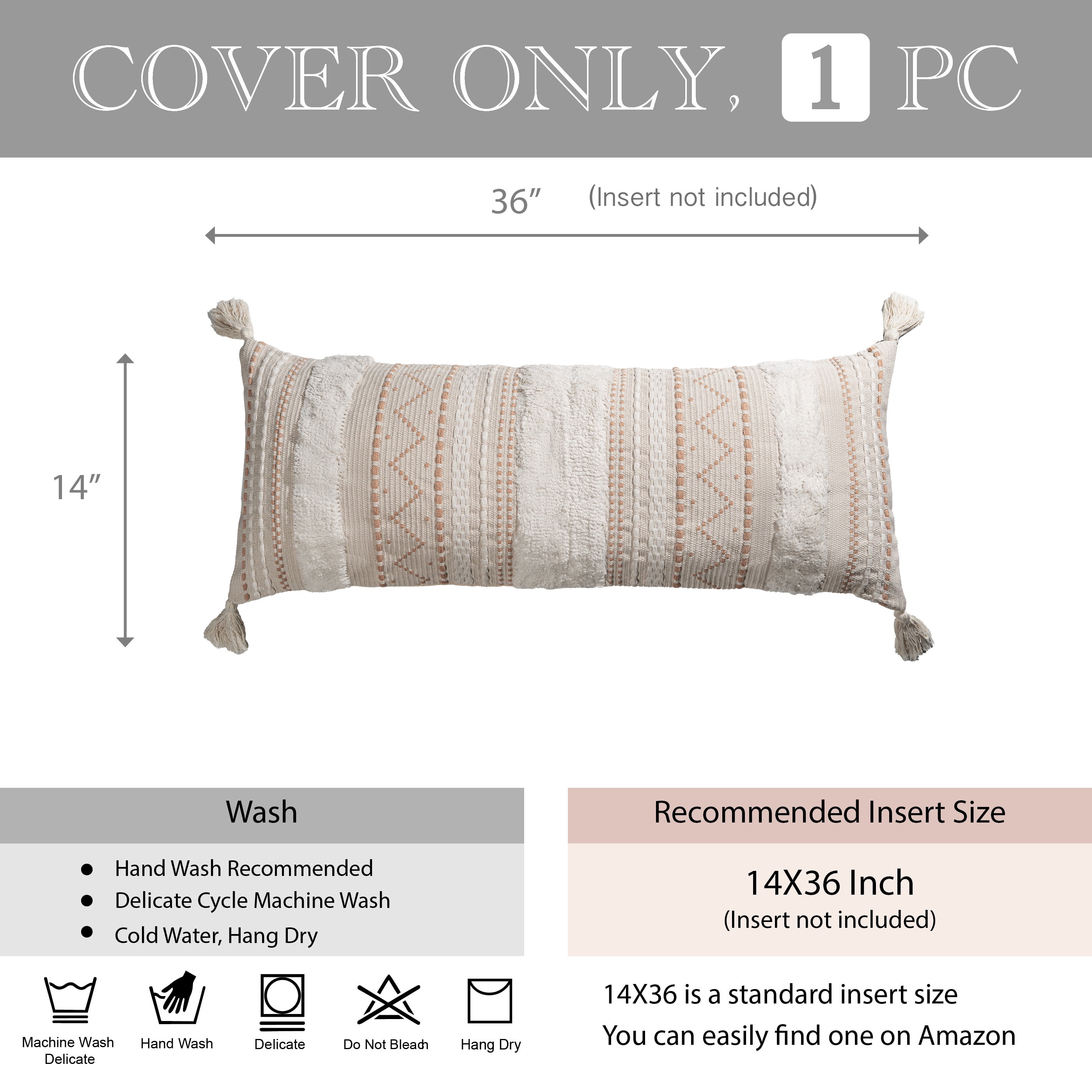 BlissBlush Cream Decorative Lumbar Throw Pillow Cover 14x36 Boho Long Cushion for Bed Neutral Accent Farmhouse Pillowcase for Bedroom Living Room Couch Sofa Home Décor (Cover ONLY, Pack of 1)