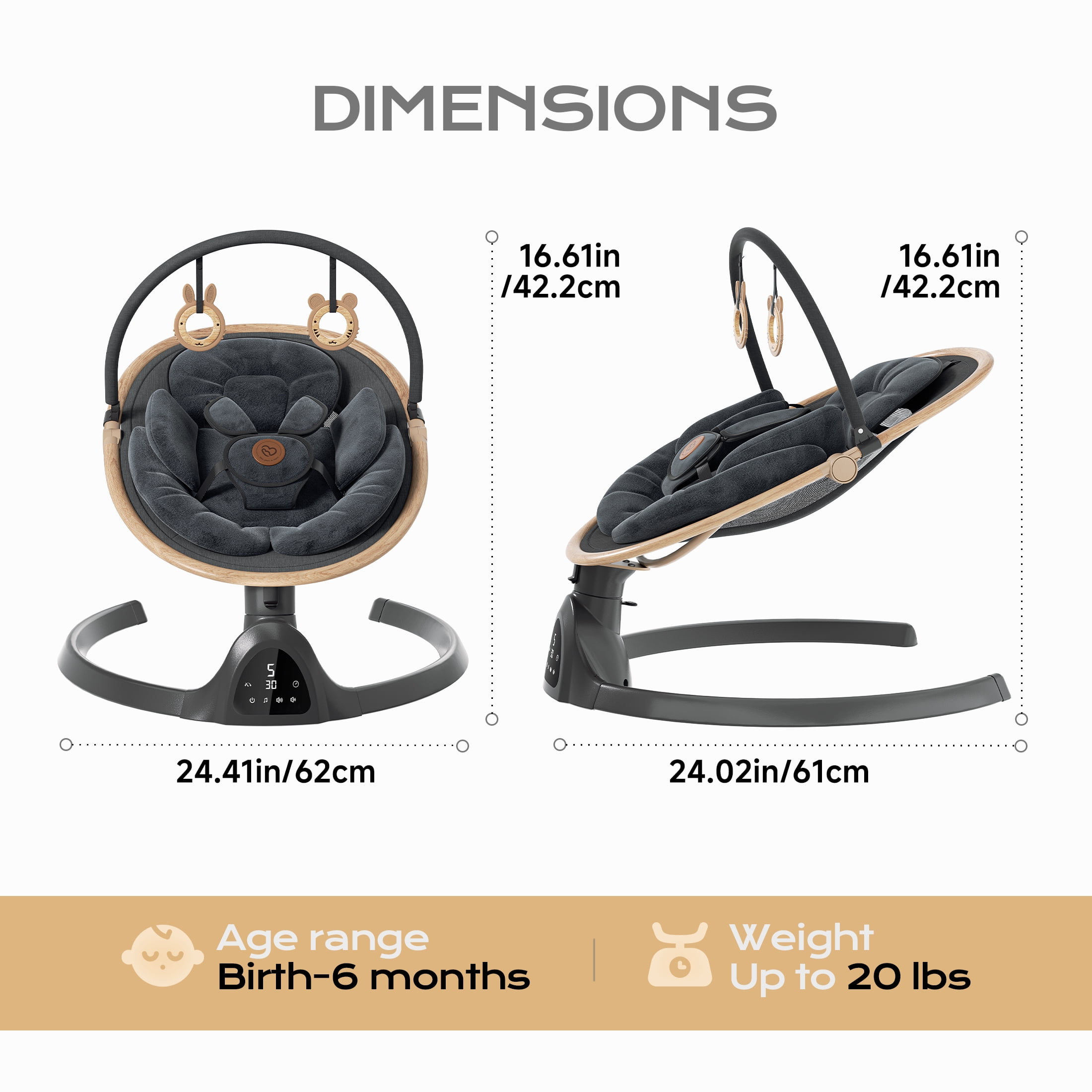 Baby Swing, Portable Bluetooth Infant Swing with Timer, 5 Speeds, 10 Lullabies, 5-Point Harness, Black