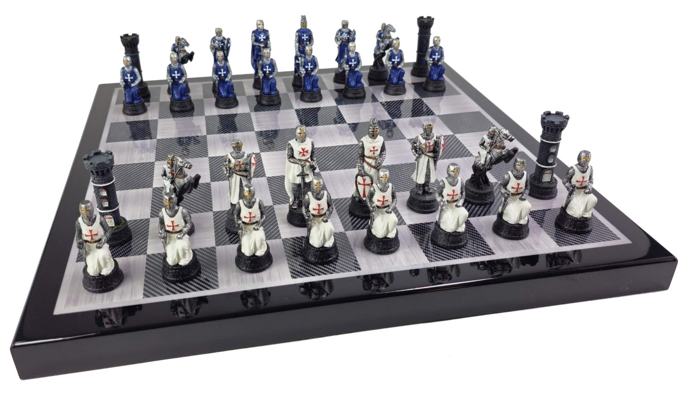 Medieval Times Crusade Blue White Maltese Cross Chess Set Carbon Fiber Color Bd