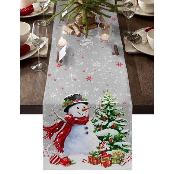 Christmas Table Runner Snowman Table Runners Grey Christmas Tree Balls Snowflake Cotton Linen Dresser Scarf Kitchen Dining Table Decor for Christmas Holiday Party Decor 13x90 Inch