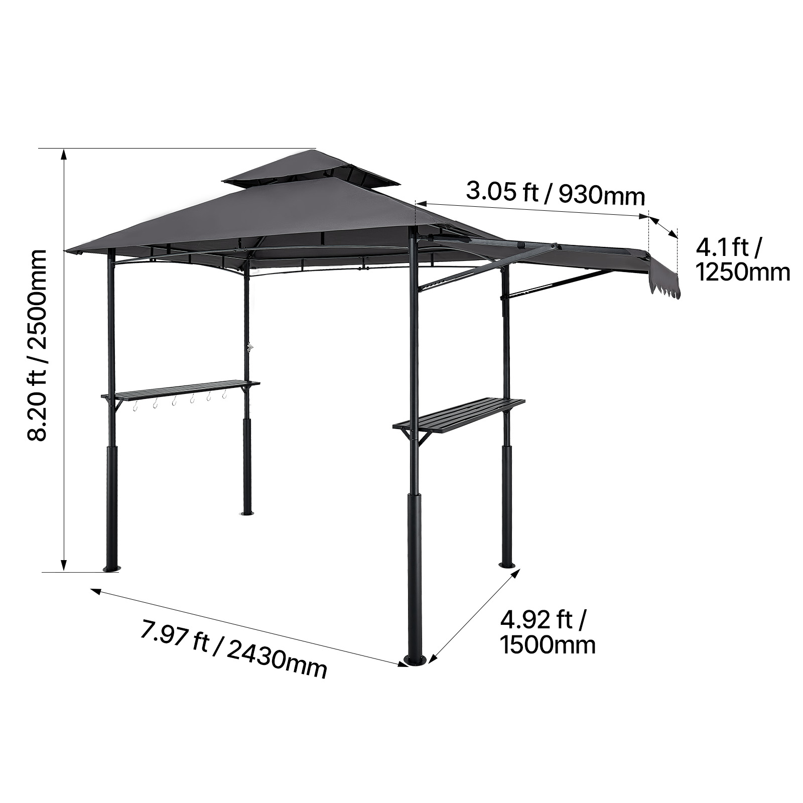 KFFKFF Grill Gazebo, 8 x 5 ft with Dual-Layer Roof, Sturdy BBQ Shelter Featuring Extended Awning, Steel Frame with Side Shelves & Hooks, Outdoor Canopy for Patio or Garden Cooking