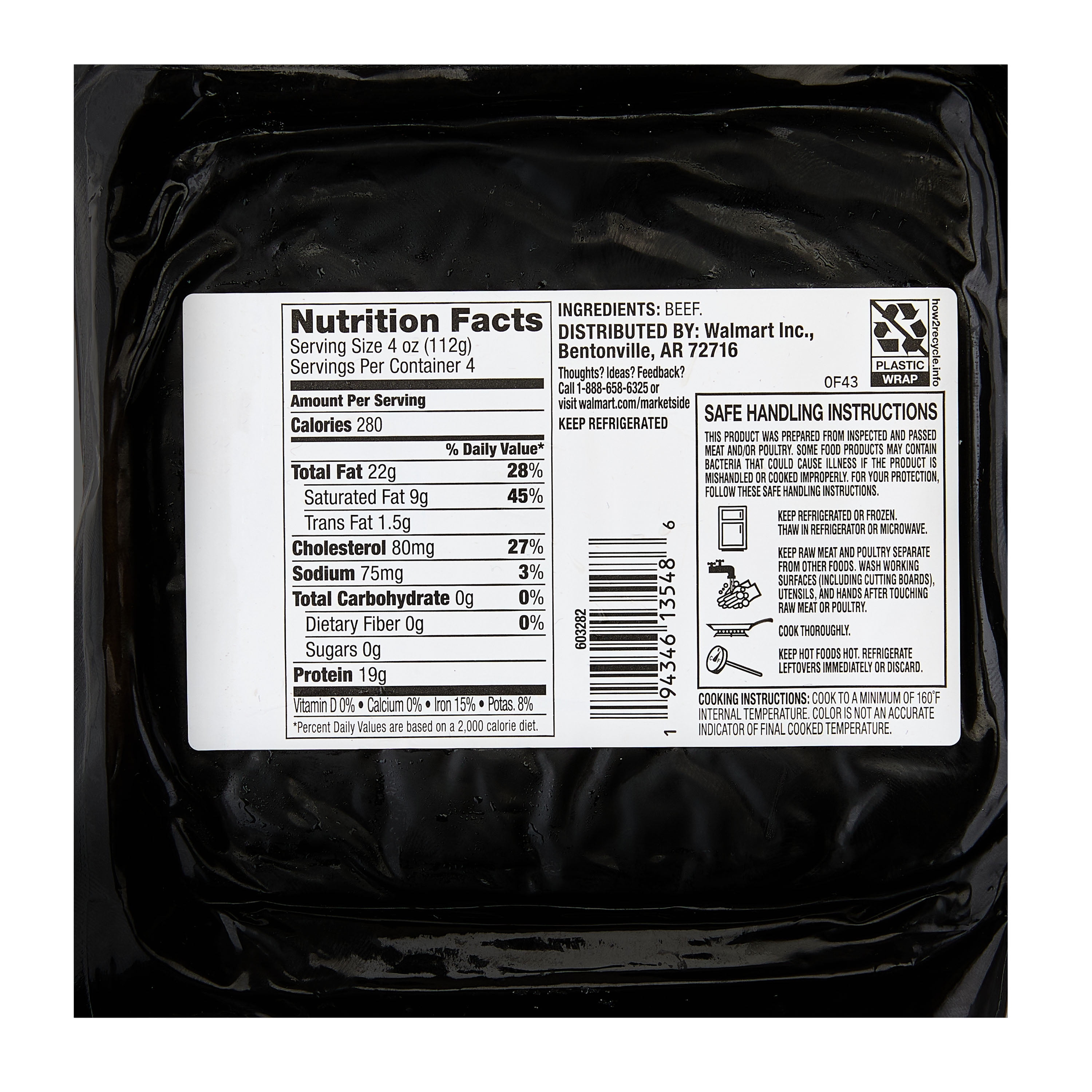 Marketside Grass-Fed Ground Beef, 80% Lean/20% Fat, 1 lb