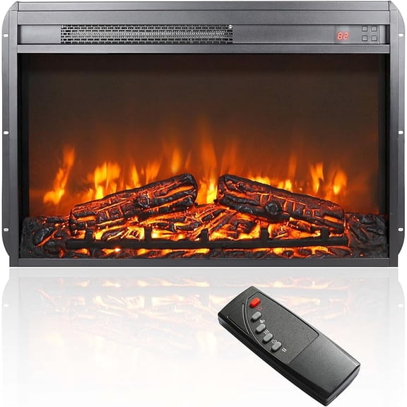26" Electric Fireplace Insert, Electric Fireplace Heater with Remote/Timer, Adjustable 4 Flame Brightness, Digital Display, Log Set, Overheating Protection, 1400W