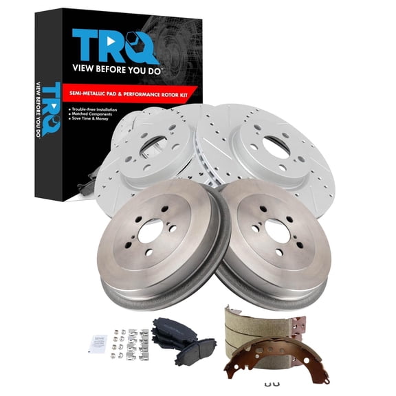 TRQ Front Rear Brake Pad Rotor Shoe Drum Kit Semi Metallic G-Coated Fits 2009-2019 Toyota Corolla