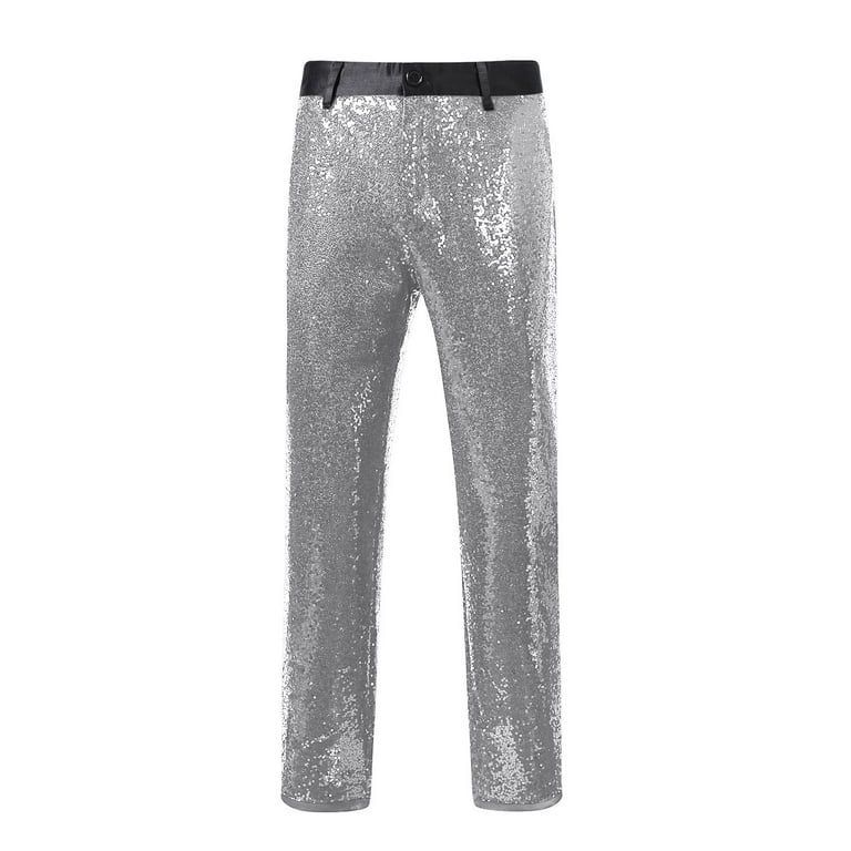 mens silver dress pants Hoomeumy Sequin Pants Men Dress Pant Fashion Vintage Shiny Sparkly Straight Leg Trousers (Silver,S)