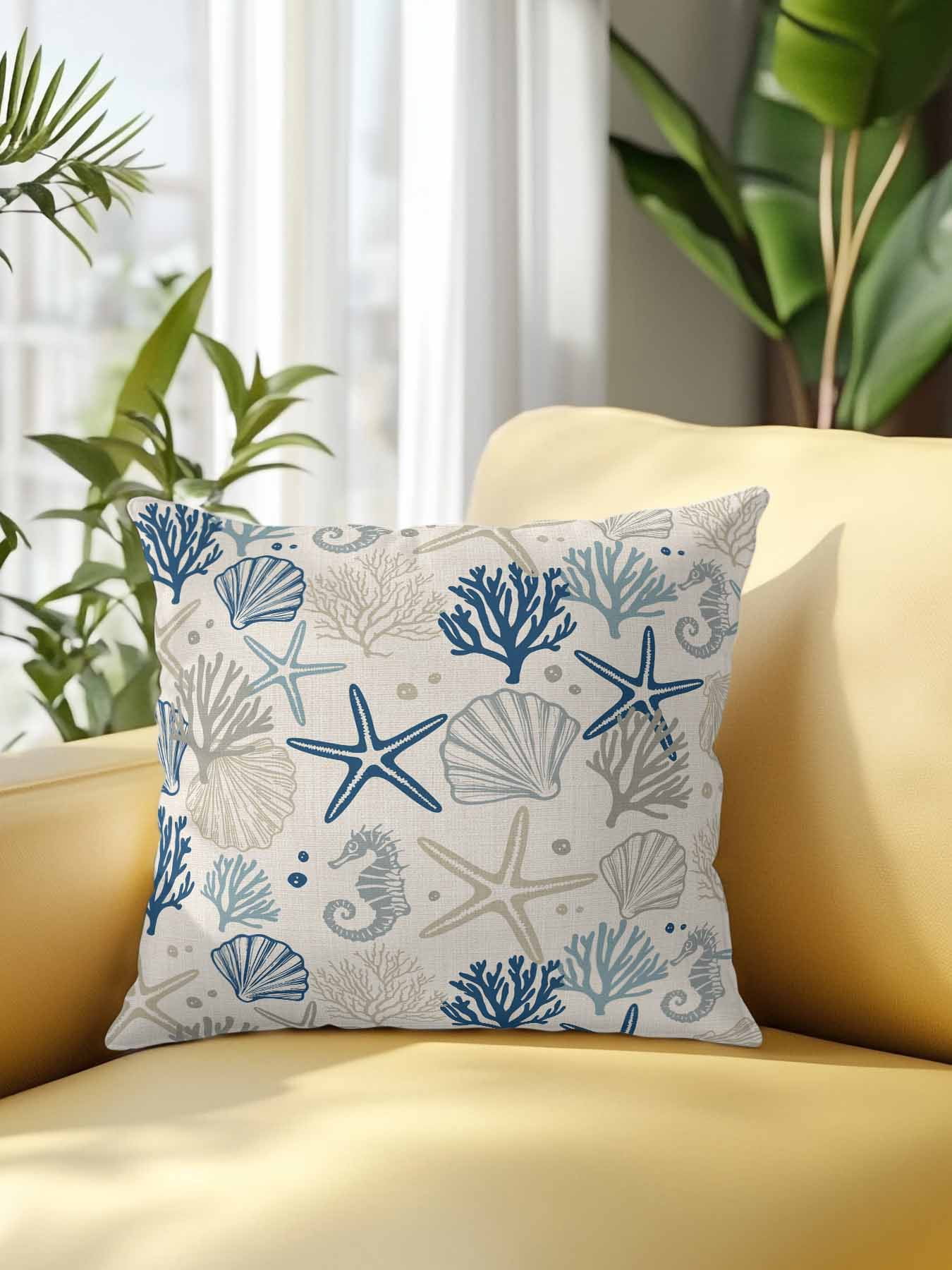 Waterproof Outdoor Throw Pillows with Inserts 18"x18", Blue Beige Coastal Soft Decorative Pillowcases for Couch Bedroom, Summer Beach Starfish Coral Nautical Rustic Pillow Covers for Sofa Living Room