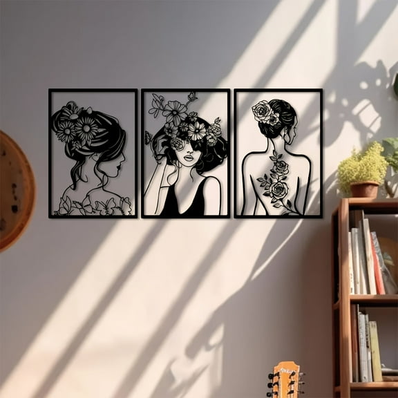 3-Piece Abstract Floral Wall Art - 16" Metal Woman Sculpture Decor | Indoor/Outdoor Hanging Mural for Home & Patio