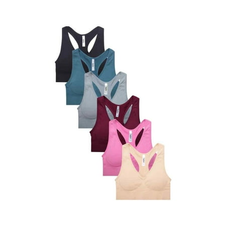 Women's Seamless Racerback Sports Bra with Removable Pads, One Size, 6-Pack (Black_Grey_Nude_Wine_Teal Blue_Pink)