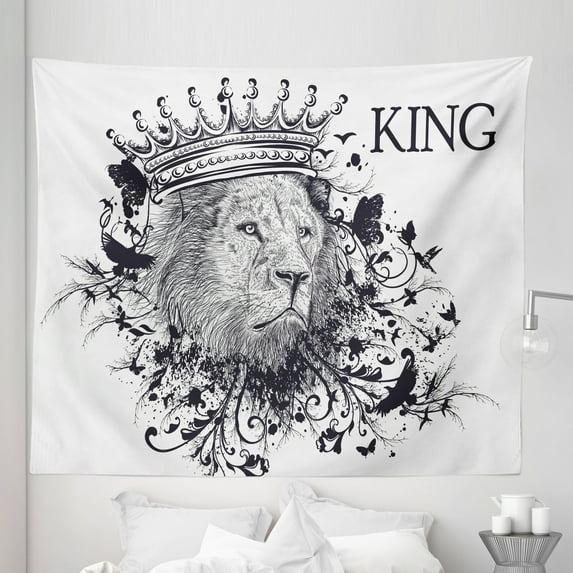 King Tapestry, Reign of the Jungle Forest of Courage Safari Animal Lion Grunge Design, Fabric Wall Hanging Decor for Bedroom Living Room Dorm, 5 Sizes, Black and White, by Ambesonne