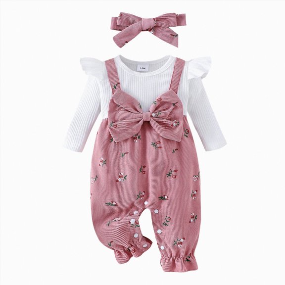 Gvdentm 3 Months Baby Girl Clothes Baby Girl Clothes Fall Winter Ruffle Long Sleeve Romper Corduroy Jumpsuit Cute One Piece Outfit(Pink,1-3 Months)