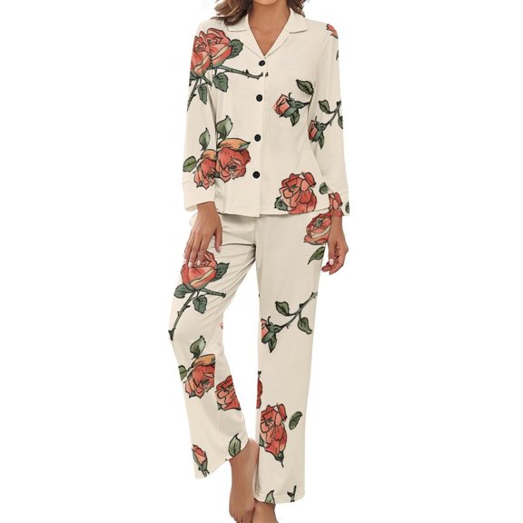 PoBuds Women's Long Sleeve Flannel Pajama Set Sleepwear Rose Illustration S