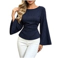 thumbnail image 2 of IUYRTFE Women's Striped Bell Sleeve Blouse Crew Neck Slim Fit Waisted Casual Fall Top, 2 of 7