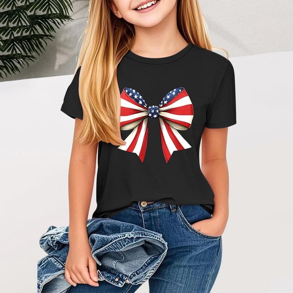 BRGZLK Boys Girls Independence Day Patriotic Top Funny USA American Flag Printed Tees Kids Casual Loose Round Neck Short Sleeved T-Shirts Black 7-8 Years