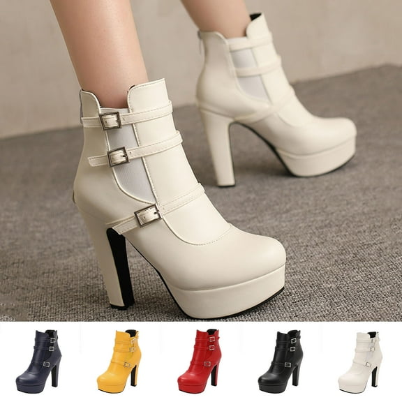 Winter Ankle Boots High Heel Waterproof Casual Solid Color Round Toe Back Zipper Fashion Footwear for Women