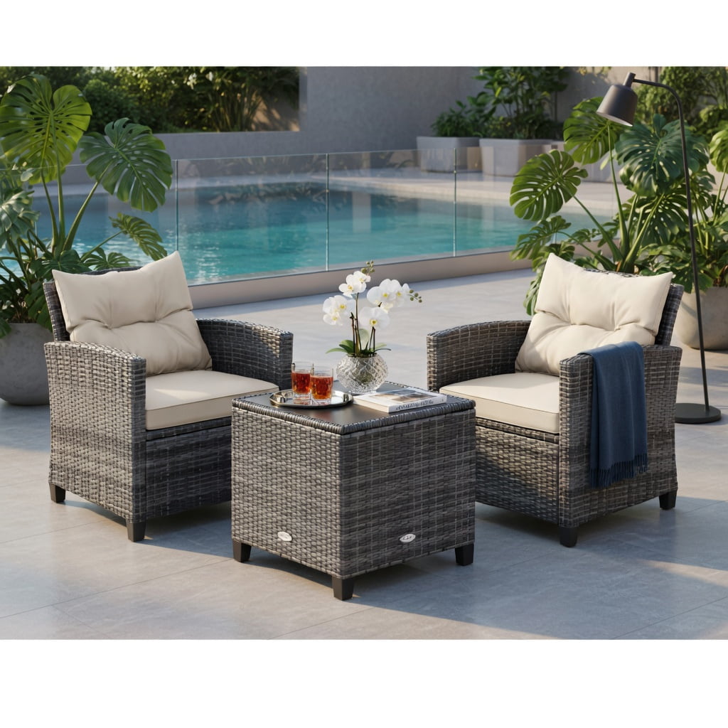 Hommoo 3-Piece Outdoor Wicker Conversation Set, PE Rattan Sofa & Tempered Glass Coffee Table with Weather-Resistant Cushions, White