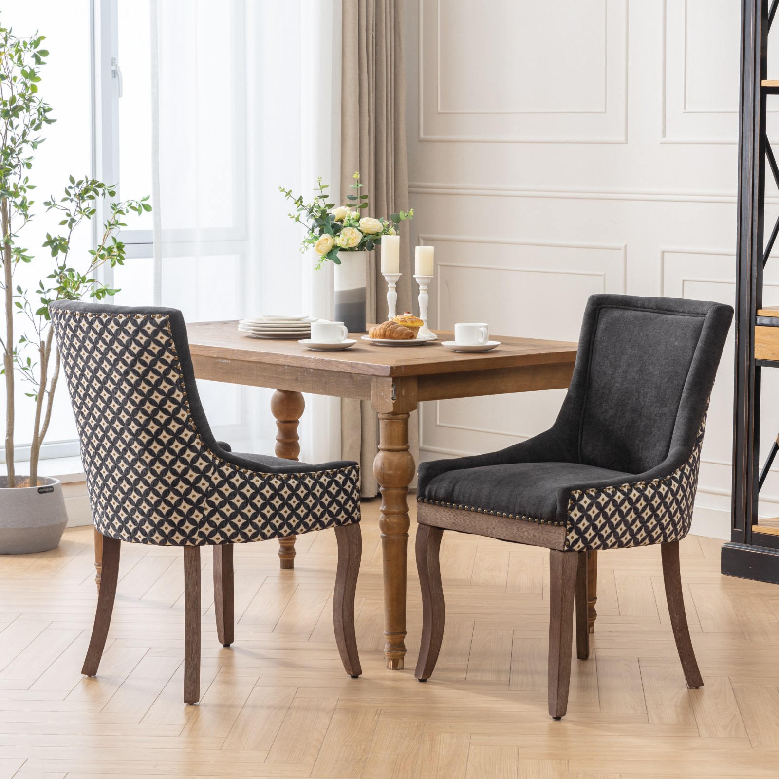 Dining Chairs Set of 2, LEGAHOME Black Fabric Upholstered Dining Chairs, Mid-century Kitchen Chairs with High Back, Bronze Nail Head, Solid Wood Legs, Black, 2 Pcs