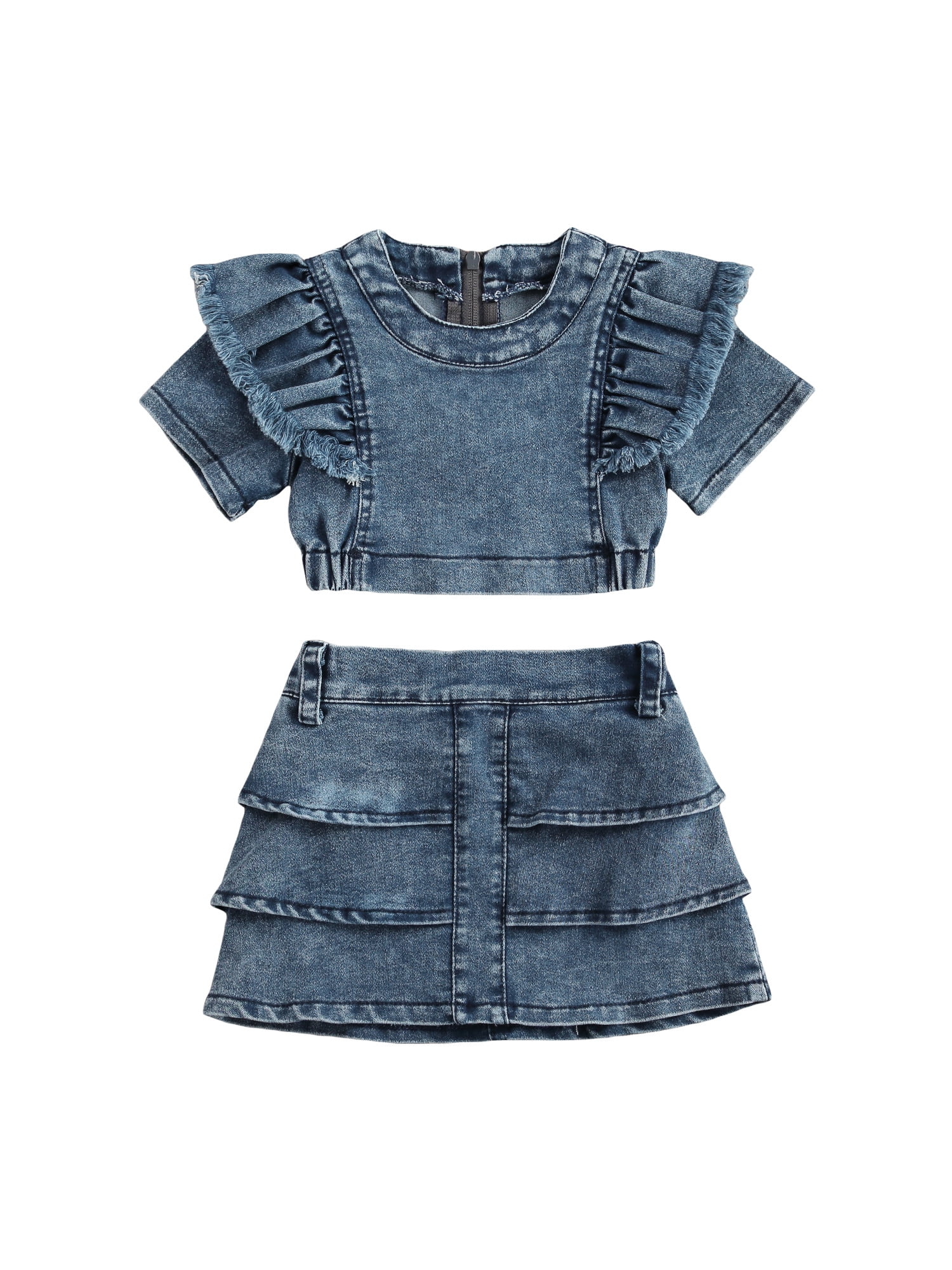 Toddler Kids Clothing Baby Girls Ruffle Crop Top and High Waist Layered Denim Shorts Skirts Outfits Clothes Set