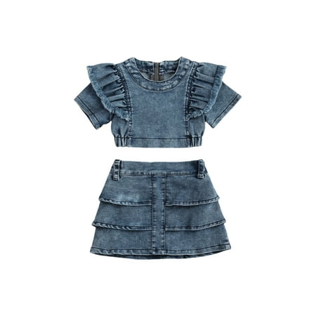 

Toddler Girls Summer 2Pcs Clothes Denim T-Shirt Crop Top and Skirts Outfits Set