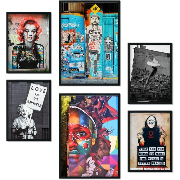 Canvas Poster Set of 6 Graffiti Pictures Aesthetic Wall Art Prints for Bedroom or Living Room Design A3 & A4 Sizes Unframed