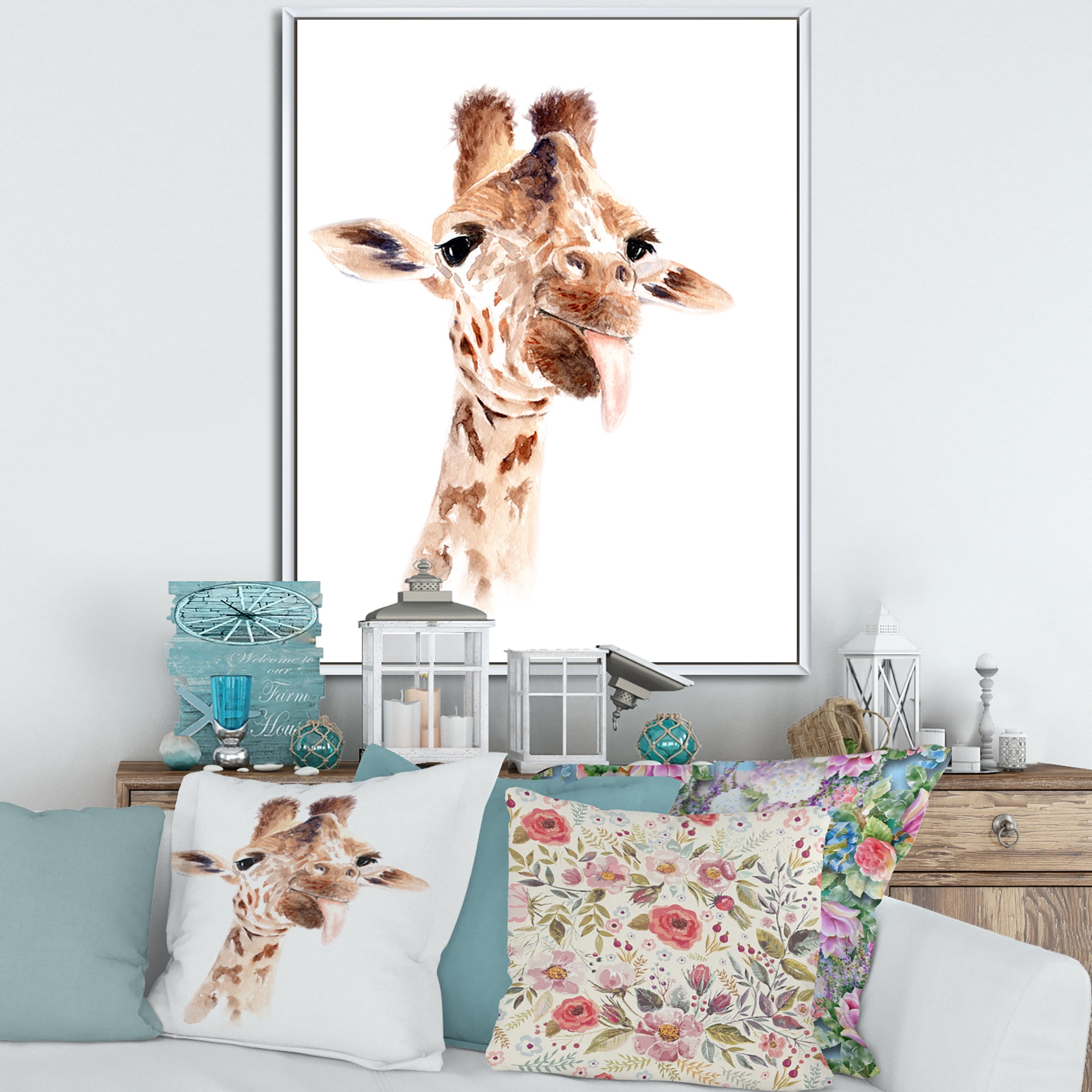 Designart 'Close Up Portrait of A Giraffe X' Farmhouse Framed Canvas Wall Art Print