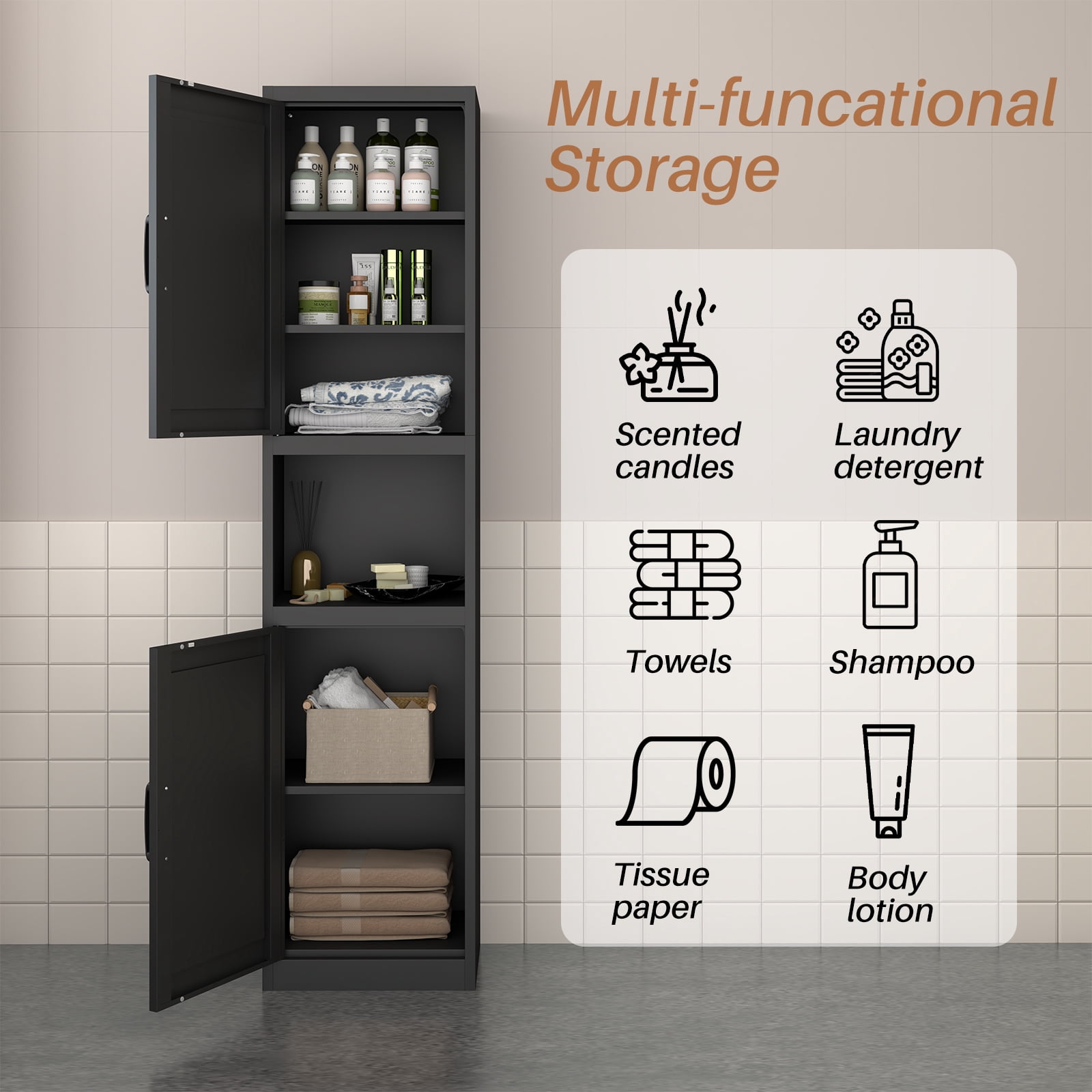Tall Narrow Bathroom Storage Cabinet - Metal Pantry Cabinet, Slim Cabinet for Small Spaces, Bathroom, Kitchen, Living Room, Dining Room(16 inches Wide Black)