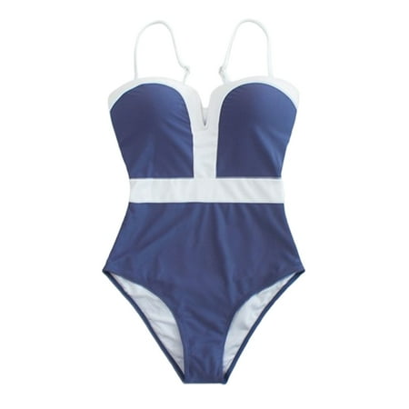 UTSJKR Women s One Piece Swimsuit Tummy Control Slit V Neck Color Block Slimming High Cut Bathing Suit Adjustable Strap Blue XXL