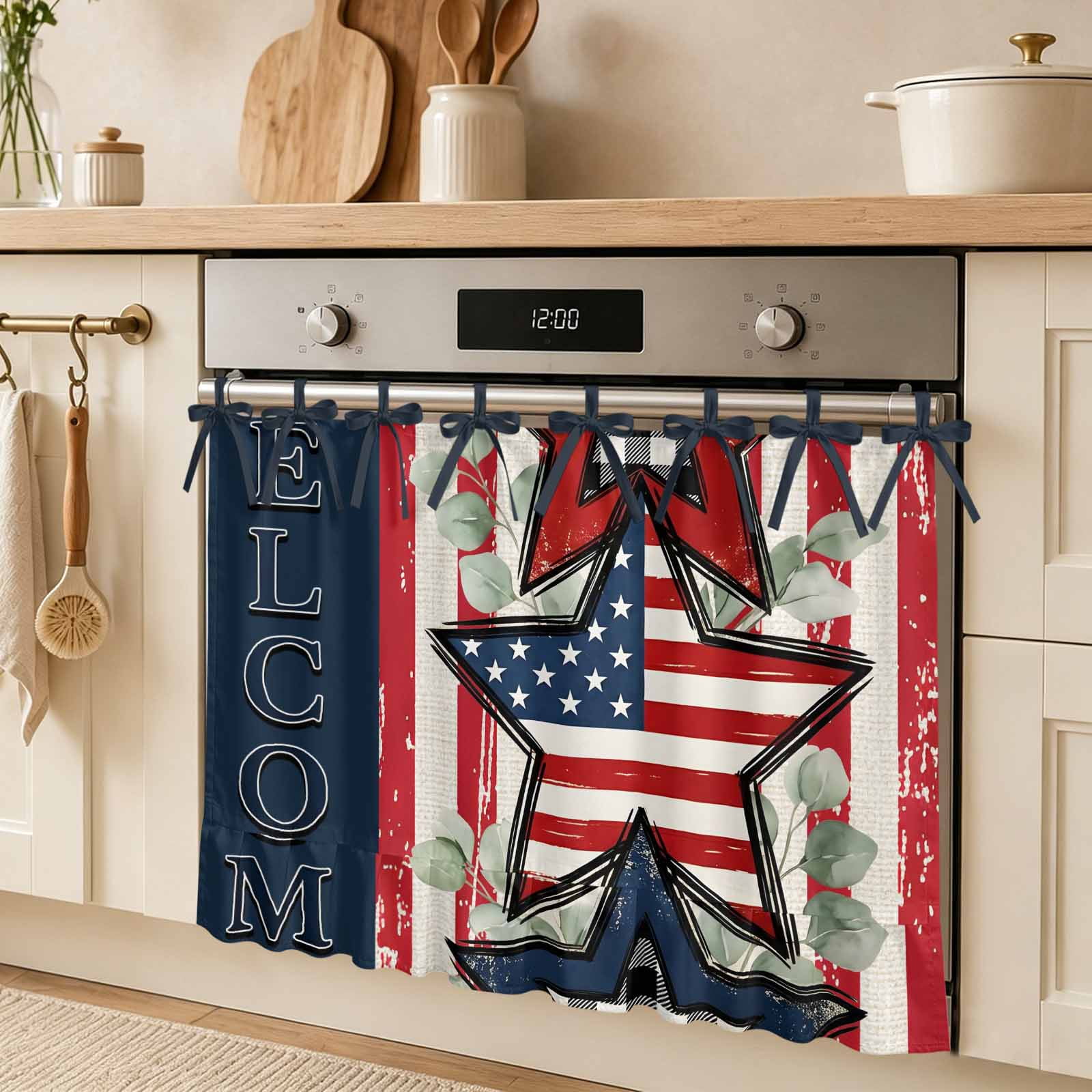 Stacked Stars Welcome Text Oven Skirt Curtain Rustic Country Red Blue Flag Gingham Wood Grain Tie Top Tier Curtains Stove Dishwasher Skirt Small Window Drapes for Kitchen Bathroom Cafe 32 x24