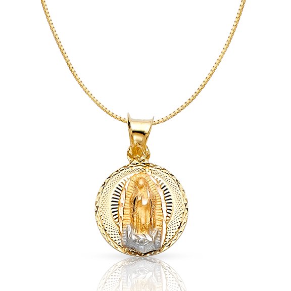 14K Tri Color Gold Diamond Cut Our Lady of Guadalupe Stamp Religious Charm Pendant with 0.6mm Box Chain Necklace