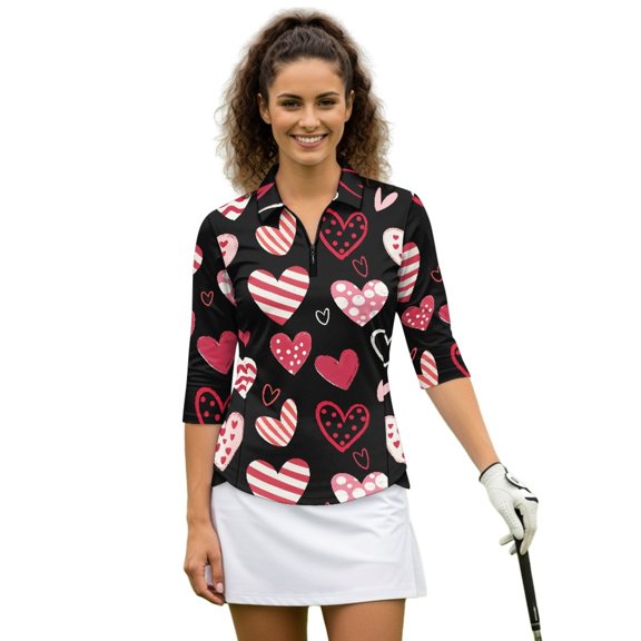 HUIACONG Love Quick Dry Golf Shirt Women, Fashion Athletic Tops Quarter Zip Anti-Wrinkle Pullover for Tennis Sports Outing