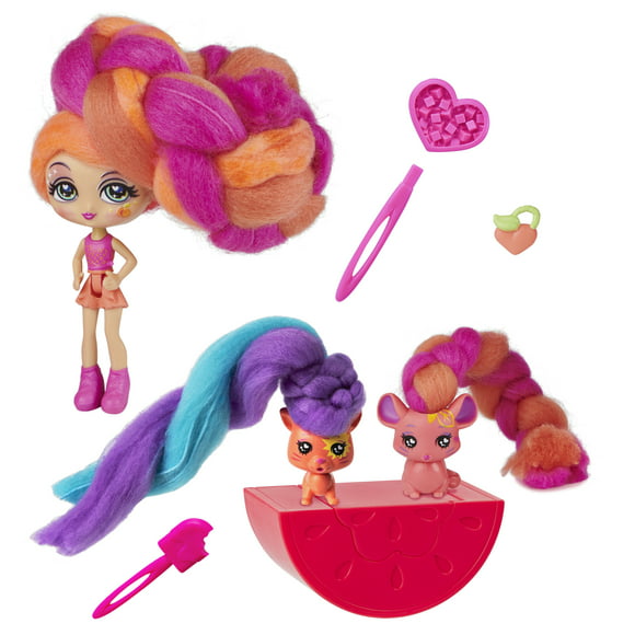 Candylocks, 3-Pack, Posie Peach 3-inch Scented Collectible Surprise Doll and 2 Pets with Accessories