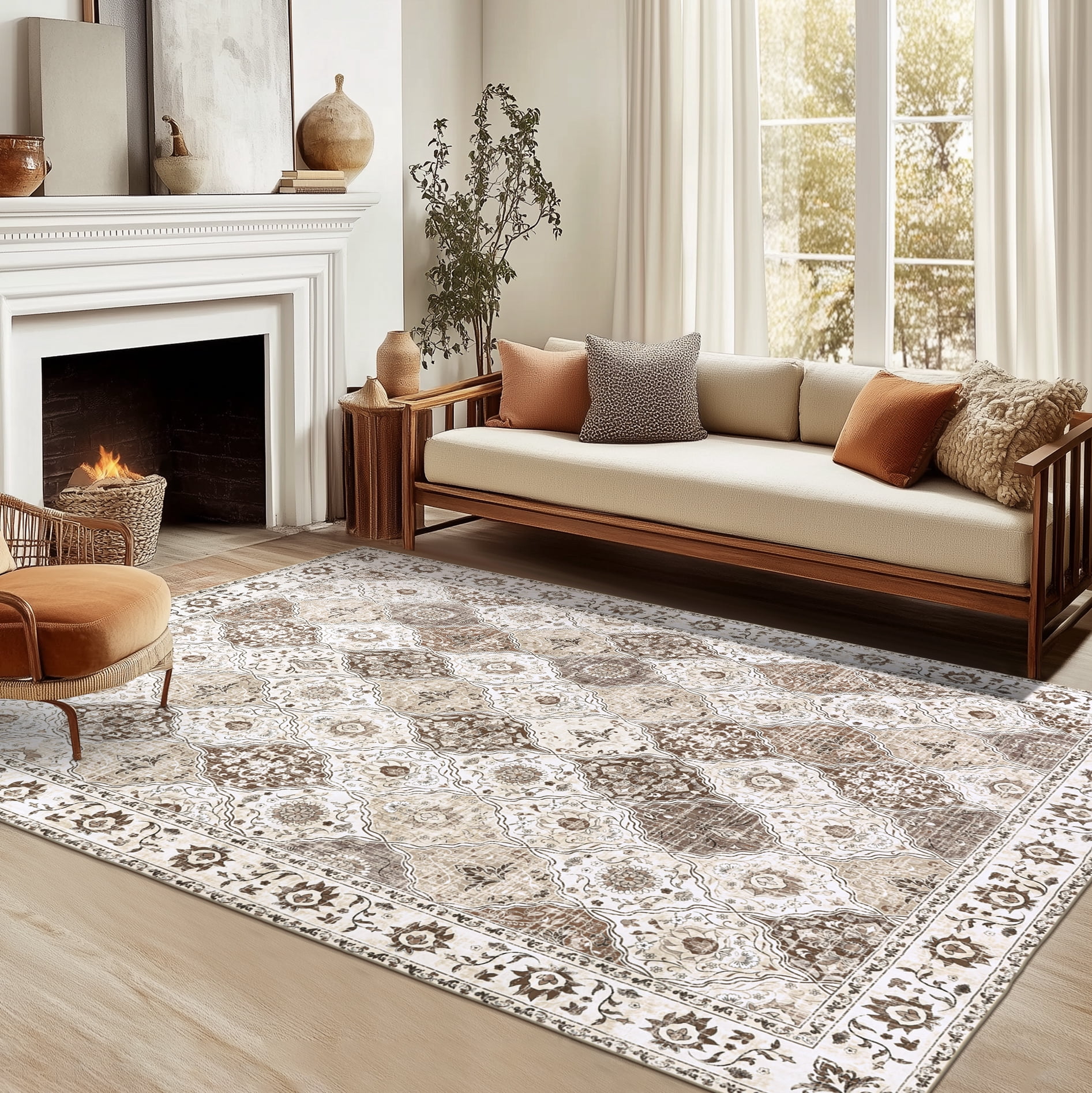 MJIAexp 6'x9' Moroccan Area Rug Washable Bedroom Rug Vintage Boho Area Rug Non-Slip Accent Throw Rug Stain Resistant Floor Carpet for Kitchen Entryway Living Room Office Boho Beige