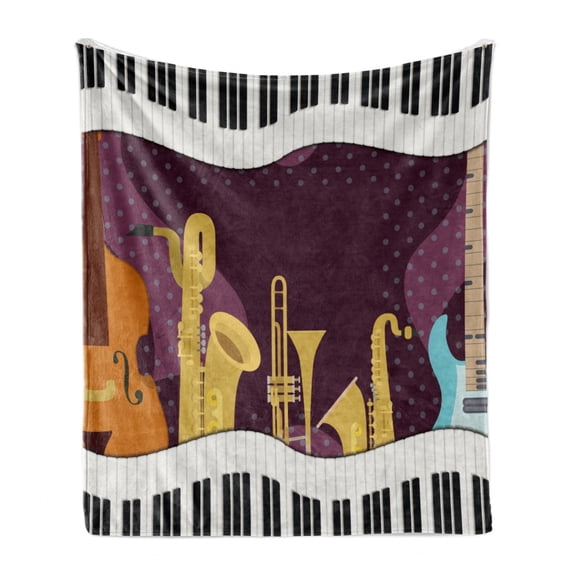 Opera Soft Flannel Fleece Throw Blanket, Cartoon Musical Instruments with Piano Guitar Saxophone Violin Print, Cozy Plush for Indoor and Outdoor Use, 50" x 60", Dark Mauve Multicolor, by Ambesonne