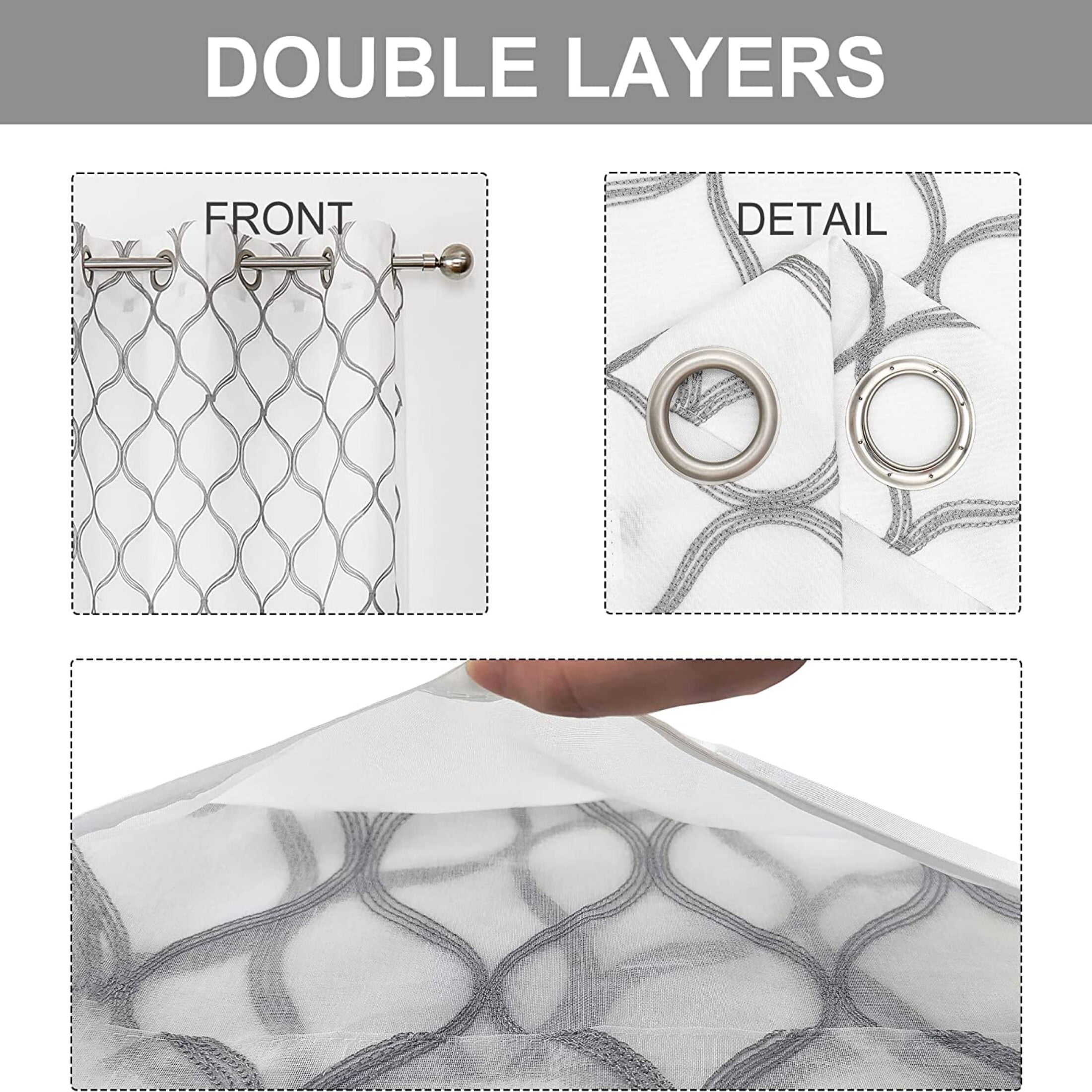 Pinewave Gray-White Geometric Sheer Curtains, 38” x 96” (2 Panels)