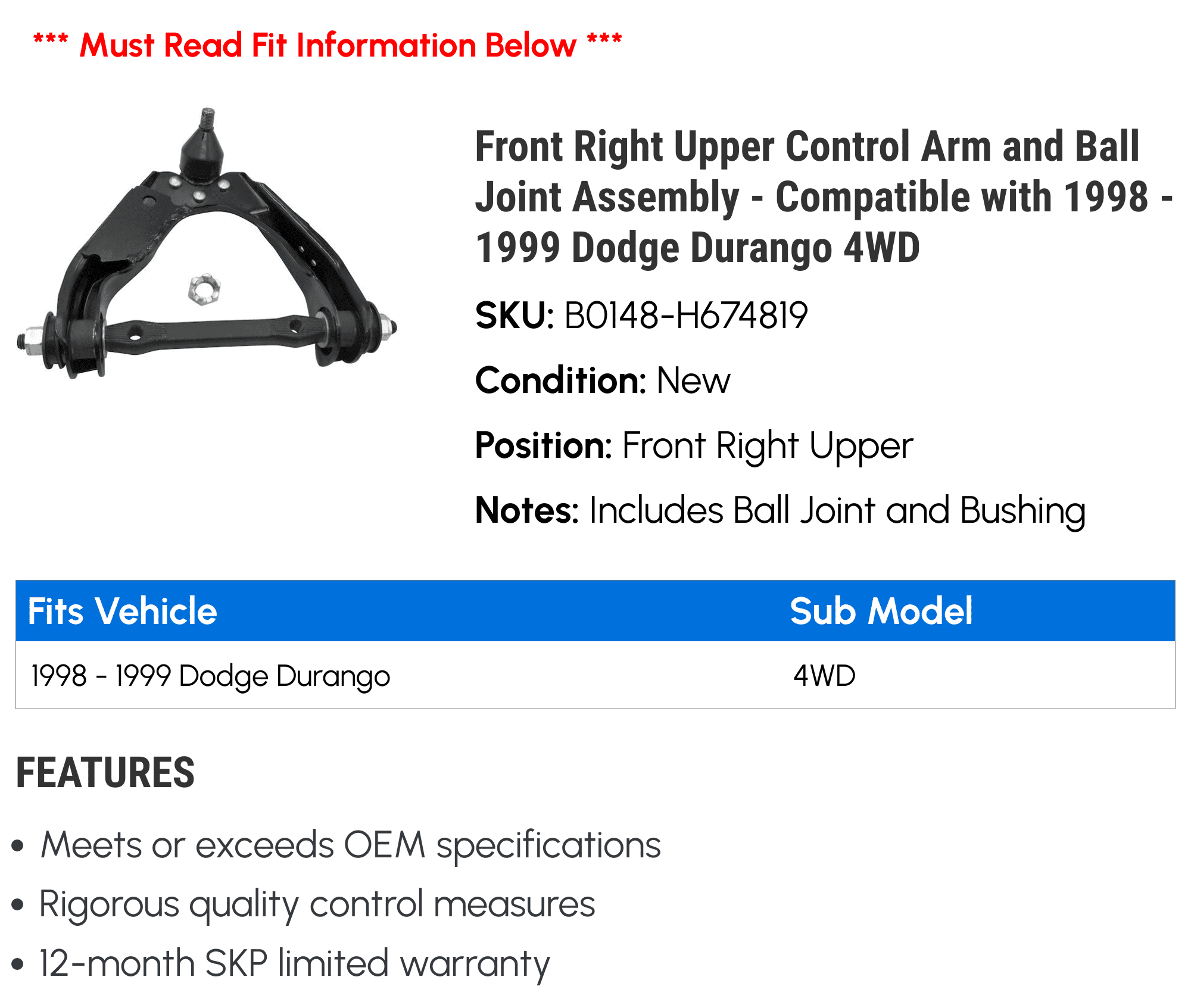 Front Right Upper Control Arm and Ball Joint Assembly - Compatible with 1998 - 1999 Dodge Durango 4WD