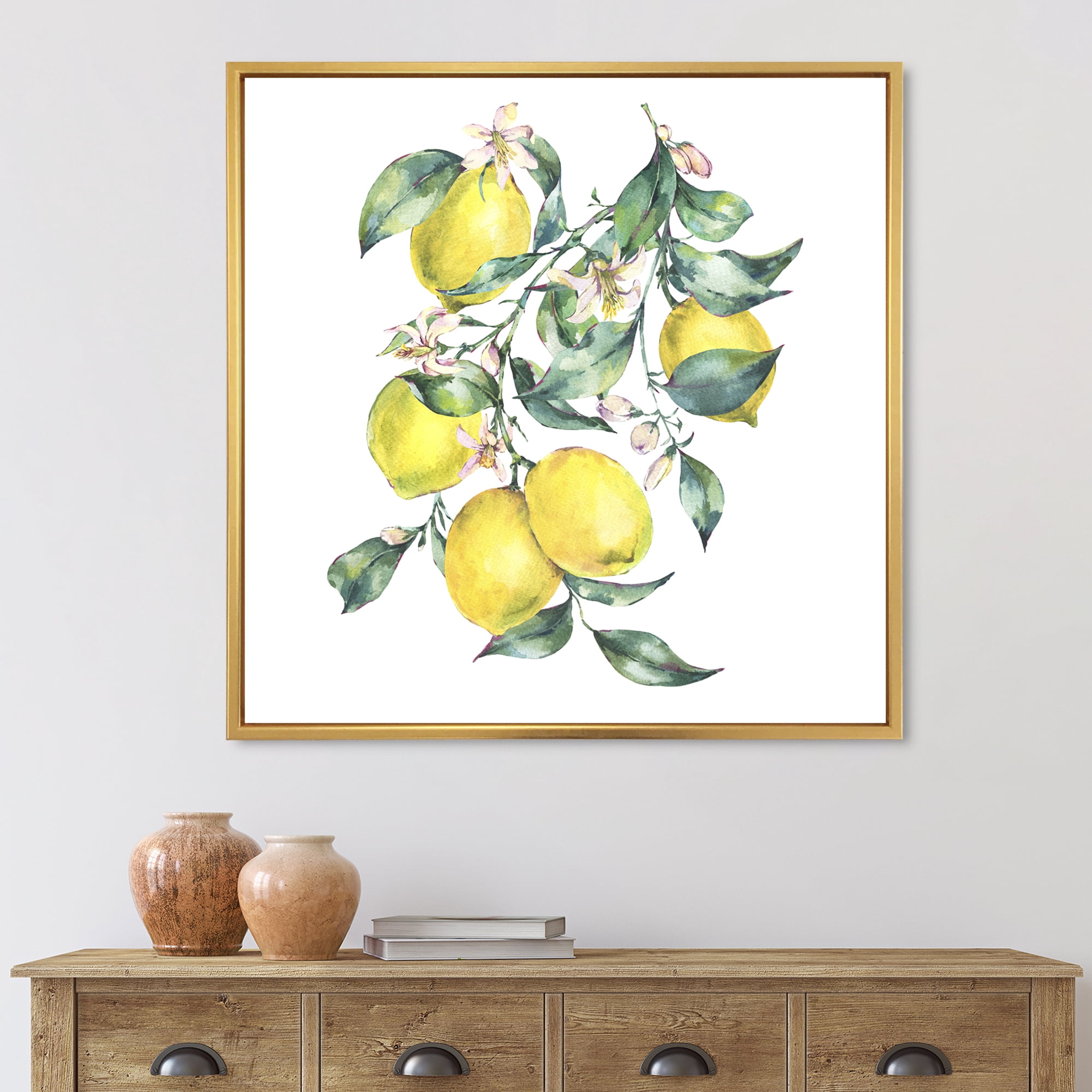 Designart 'Branch of Leaves and Yellow Lemons I' Tropical Framed Canvas Wall Art Print