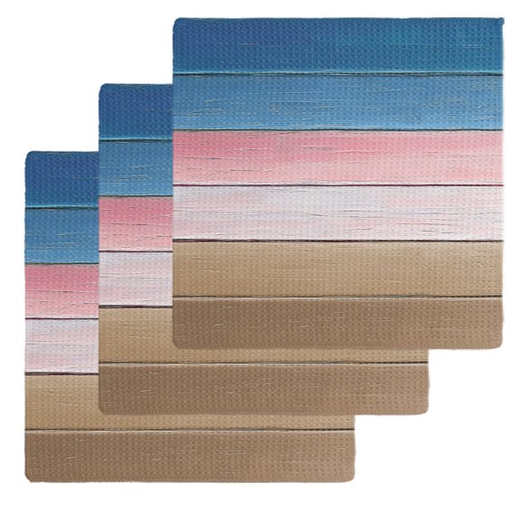 Pink Blue Brown Kitchen Dish Towels for Drying Dishes Set of 3, Farmhouse Gradient Wooden Plank Art Waffle Weave Microfiber Hand Tea Bathroom Towels Quick Dry & Absorbent Towel 12x12