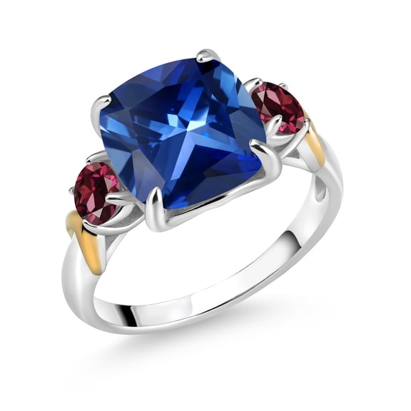 Gem Stone King 925 Silver and 10K Yellow Gold Blue Created Sapphire and Red Rhodolite Garnet 3 Stone Ring for Women (6.06 Cttw, Cushion 10MM, Round 4MM, Size 6)