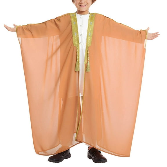 Mgmyaa Boys Embroidered Muslim Robe Arab Thobe Long Sleeve Tunic with Decorative Trim Cultural Attire
