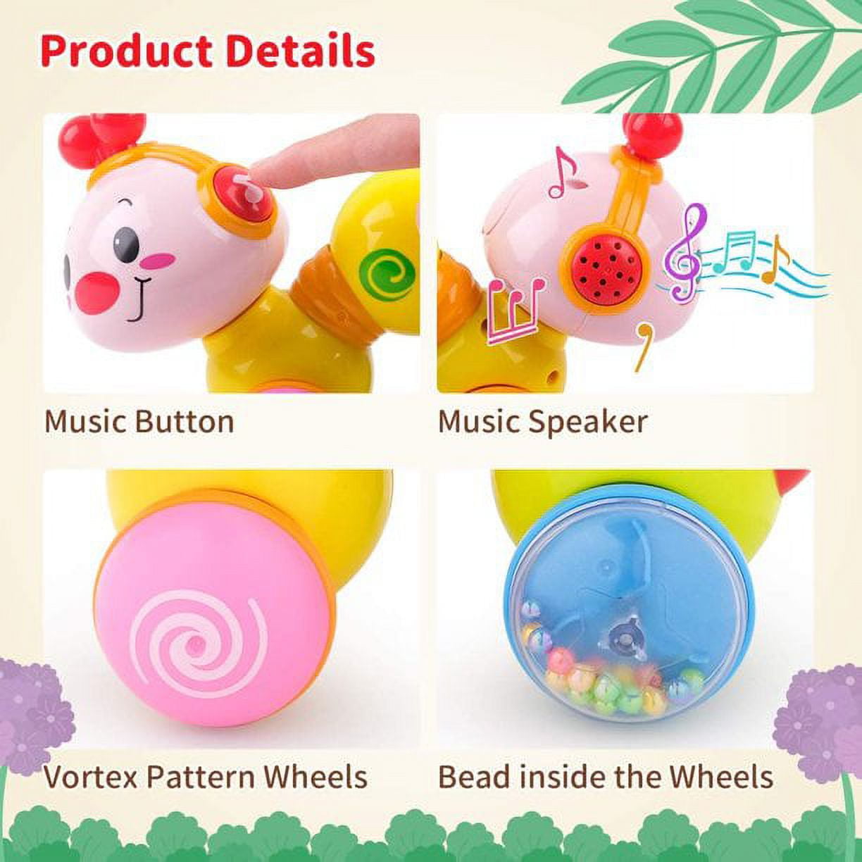 baby toys 6 to 12 months crawling baby musical toys, pressing and walking  music inch bug toy, caterpillar educational toddler toy with glowing face 3  6 7 8 9 12 18 months baby boy girl gift 